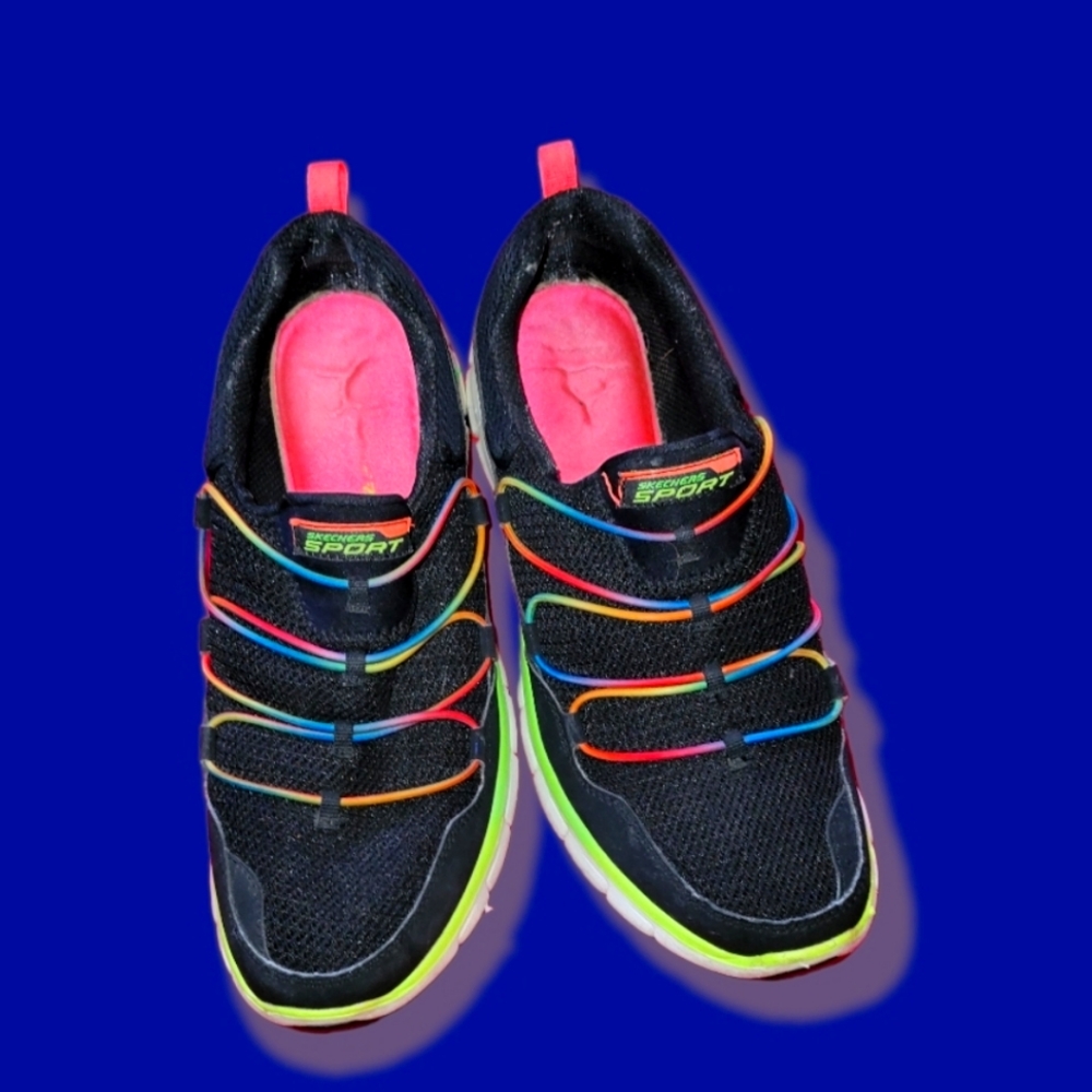 Sketchers slip on memory foam with neon elastic laces!